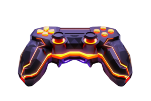 Futuristic neon gaming controller with glowing accents, perfect for high-tech gaming setups and immersive virtual reality experiences. png