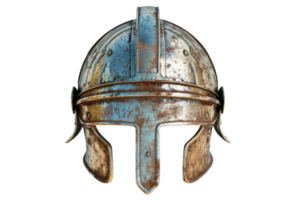A detailed image of an antique medieval helmet with a rusted and weathered appearance, showcasing historical armor craftsmanship. png