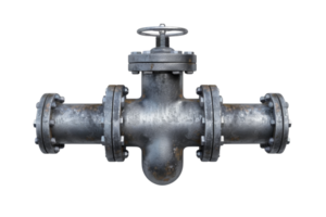 Industrial metal pipe valve with flanges for plumbing and HVAC systems, isolated on a transparent background. suitable for engineering and infrastructure projects. png