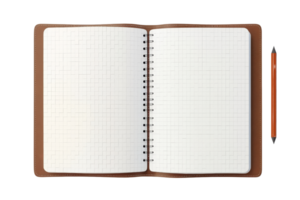 Open notebook with a brown cover and an orange pen placed beside it. Ideal for stationery or school-related content. png