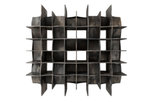 Modern industrial bookshelf with geometric design, featuring multiple compartments. Perfect for contemporary home decor and storage solutions. png