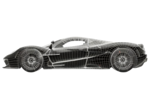 Side view of a high-performance sports car with wireframe overlay, showcasing modern automotive design and engineering. png