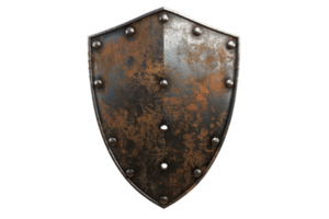 Rustic medieval shield with metal rivets, worn and weathered for a vintage, historical feel. Perfect for medieval and fantasy themes. png