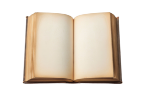 Open vintage book with blank pages, isolated on transparent background. Ideal for literature, study, and creative writing projects. png