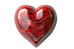 A vibrant, glossy red heart-shaped object with a textured and marbled surface against a transparent background, symbolizing love and passion. png