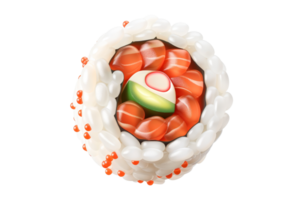 Top view of a sushi roll with salmon, avocado, and rice, beautifully arranged and isolated on a transparent background. png