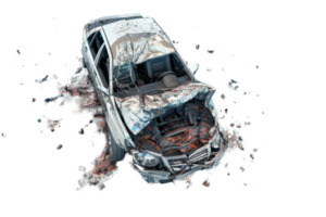 Aerial view of a heavily damaged car involved in a severe accident, with significant front-end damage and debris scattered around. png