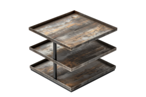 Three-tiered wooden and metal shelf with rustic design, ideal for home or office decor, organization, and displaying various items. png