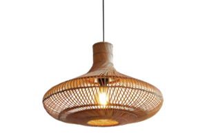 Stylish rattan pendant lamp with warm light, perfect for modern interiors, living rooms, dining areas, and cozy spaces. Elegant and functional decor. png