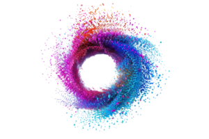 Abstract colorful vortex of dynamic particles forming circular shape, representing motion, energy, and vibrant artistic expression. png