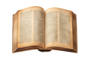 An open vintage book with yellowed pages, displaying text on both sides, evoking a sense of history and nostalgia. png