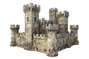 High-resolution image of a stone medieval castle with towers and battlements, perfect for historical themes and architectural references. png
