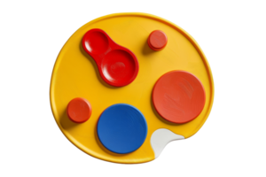 Colorful abstract geometric shapes on a yellow background, featuring circles and organic forms in red and blue for modern design elements. png