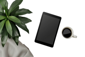 Top view of digital tablet, coffee cup, and green plant on minimalist workspace background. Perfect for workplace and technology concepts. png
