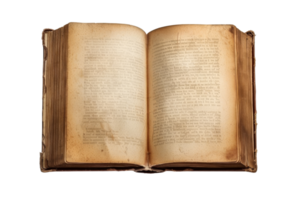 Vintage open book with yellowed pages and weathered edges, conveying a sense of history, knowledge, and nostalgia. Ideal for literary themes. png