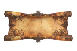 Vintage ornate scroll with elaborate border design and medieval elements, perfect for historical or fantasy-themed projects. png
