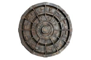 Rustic, aged metal manhole cover with intricate design, perfect for urban, industrial, or texture-based projects in graphic design and photography. png