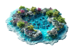 Vibrant artificial coral reef with colorful marine life and crystal-clear water, showcasing a diverse underwater ecosystem in a 3D-rendered image. png