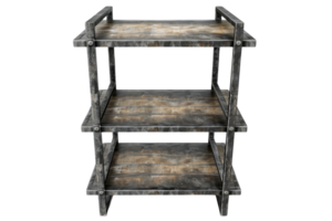 Vintage three-tier wooden shelf with rustic finish, ideal for storage and decoration in a home or office setting. png