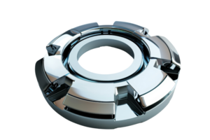 High-tech silver torus-shaped mechanical part with intricate design isolated on transparent background. perfect for industrial or technology themes. png