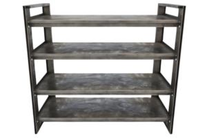 Industrial metal shelving unit with four levels, perfect for organizing and storing items in a home or workshop, sturdy and durable construction. png