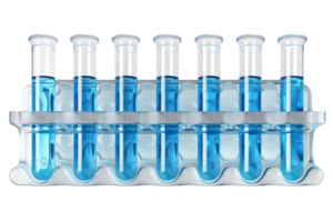 A row of eight test tubes filled with blue liquid in a rack, often used for scientific research and experiments in laboratory settings. png