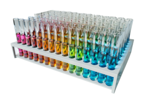 A set of colorful test tubes arranged in a laboratory rack displaying different liquids for scientific experiments and research purposes. png