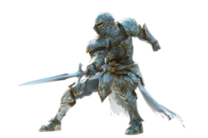 Digital illustration of an armored knight in a dynamic combat pose with a sword. Reflects medieval fantasy themes and heroic bravery. png