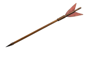 A detailed image of a traditional arrow with a wooden shaft and red feather fletching, isolated on a transparent background. png