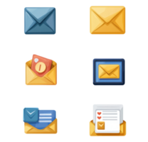 A set of six colorful email icons representing different message types and statuses in a modern, playful design. png