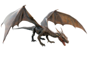 Majestic and fearsome dragon with outstretched wings in a roaring pose, perfect for fantasy and mythological themes. png