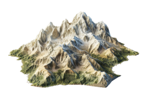 Detailed 3D topographic model of mountain range, highlighting peaks, valleys, and rugged terrain in a realistic representation. png