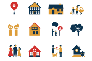 A colorful set of family and home-related icons including houses, trees, and people, representing various aspects of family life. png