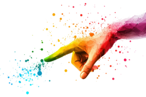 Vivid low-poly hand creating vibrant splashes of color on transparent background. symbolizing creativity, innovation, and artistic expression. png