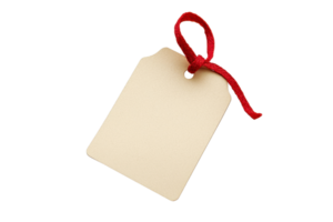 Close-up of a blank beige gift tag with a red ribbon, perfect for labeling presents, parties, and holidays. Isolated on a transparent background. png