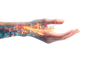 Digital hand representing technology and innovation, sparkling with bright lights and data visualization elements on a transparent background. png