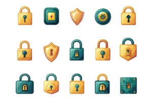 Collection of colorful cartoon padlock and shield icons for security, protection, and safety themes isolated on transparent background. png