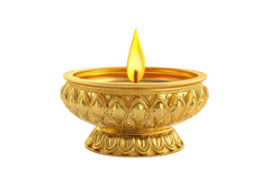 Golden decorative oil lamp with intricate patterns, lit with a single flame, symbolizing light and tradition. Ideal for festive and religious contexts. png
