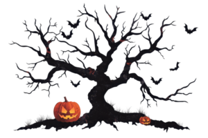 Spooky Halloween scene with carved pumpkins under a haunted tree, surrounded by bats. Perfect for festive and eerie celebrations. png