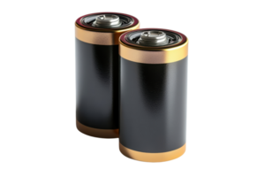 Close-up of two black and gold cylindrical batteries on a transparent background. ideal for energy and power-related concepts. png
