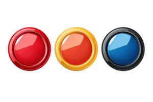 Three glossy colored buttons in red, yellow, and blue isolated on transparent background. Perfect for game design or user interfaces. png