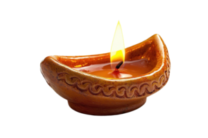 Clay oil lamp with a burning flame, traditionally used in festivals and religious ceremonies, isolated on a transparent background. png