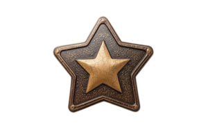 Antique star-shaped badge with intricate design, symbolizing honor and achievement, isolated on transparent background. png