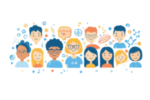 Illustration of diverse group of people, emphasizing community, connection, and teamwork. Vibrant colors and playful design. png