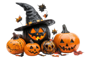 Group of carved Halloween pumpkins with jack-o'-lantern faces, adorned with a witch hat, surrounded by autumn leaves. png