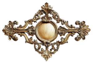 Ornate golden antique frame with intricate details and an empty circular center, perfect for adding a touch of vintage elegance to any design project. png