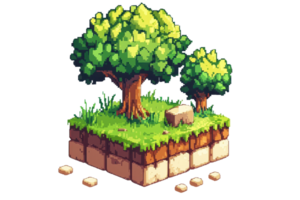 Isometric pixel art piece with trees, grass, and rocks, ideal for games, nature designs, and digital art projects. png