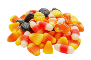 Pile of assorted Halloween candies including traditional candy corn and various colored confections on a transparent background. png