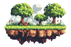 Pixel art floating island with trees, grass, and clouds. Ideal for games, digital art, and design projects. png