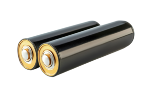 Pair of black cylindrical batteries with gold accents, isolated on a transparent background. showcasing power and energy storage. png
